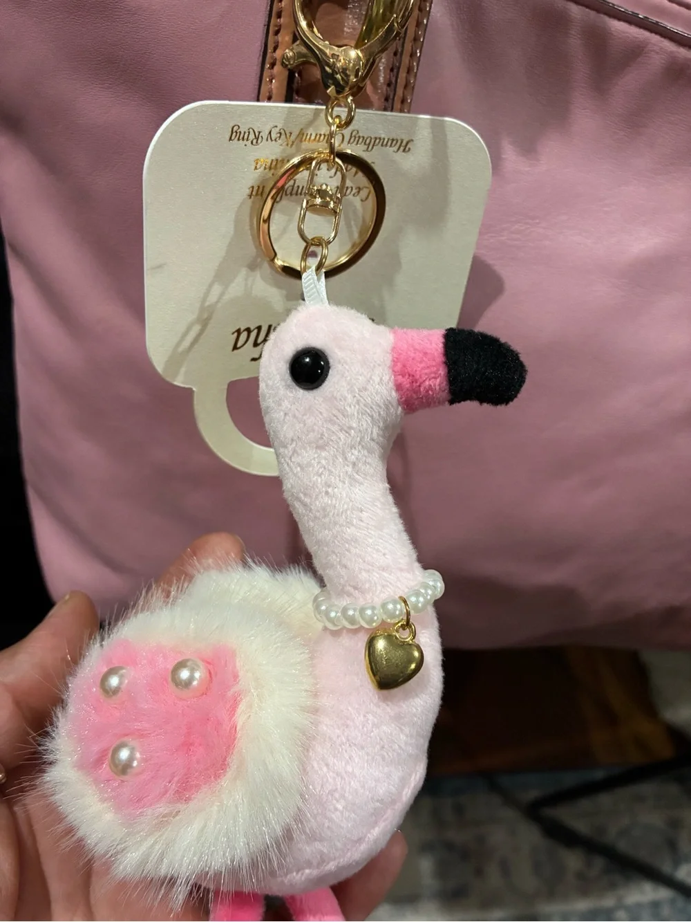 Natasha Pink Plush Flamingo Keychain with Pearl Necklace and Gold Heart